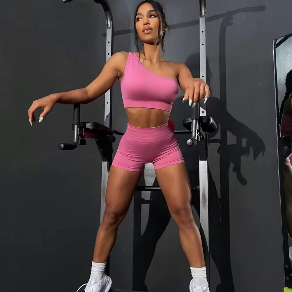 Workout Sets One Shoulder Crop Top Shorts Gym Woman Two Piece
