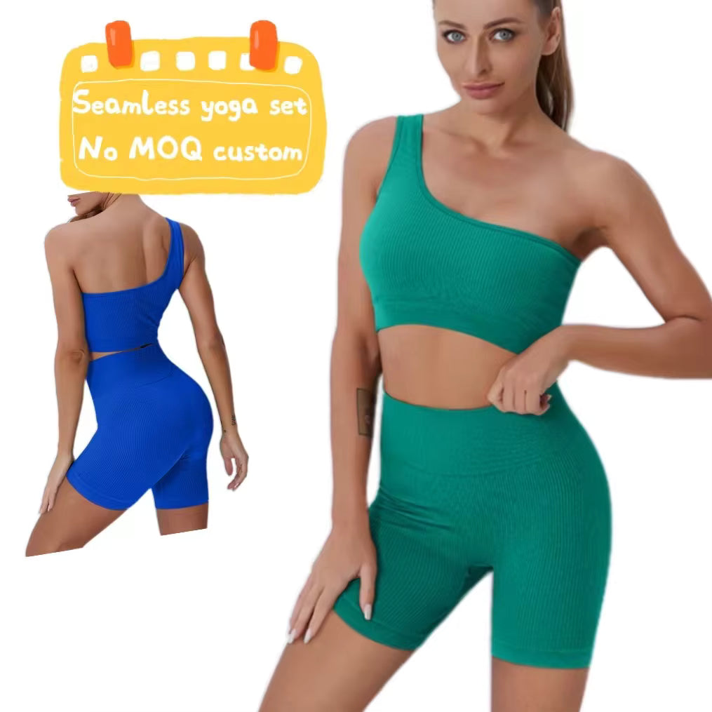 Workout Sets One Shoulder Crop Top Shorts Gym Woman Two Piece