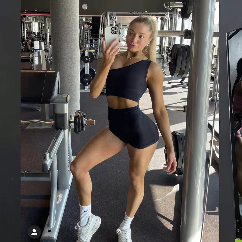 Workout Sets One Shoulder Crop Top Shorts Gym Woman Two Piece