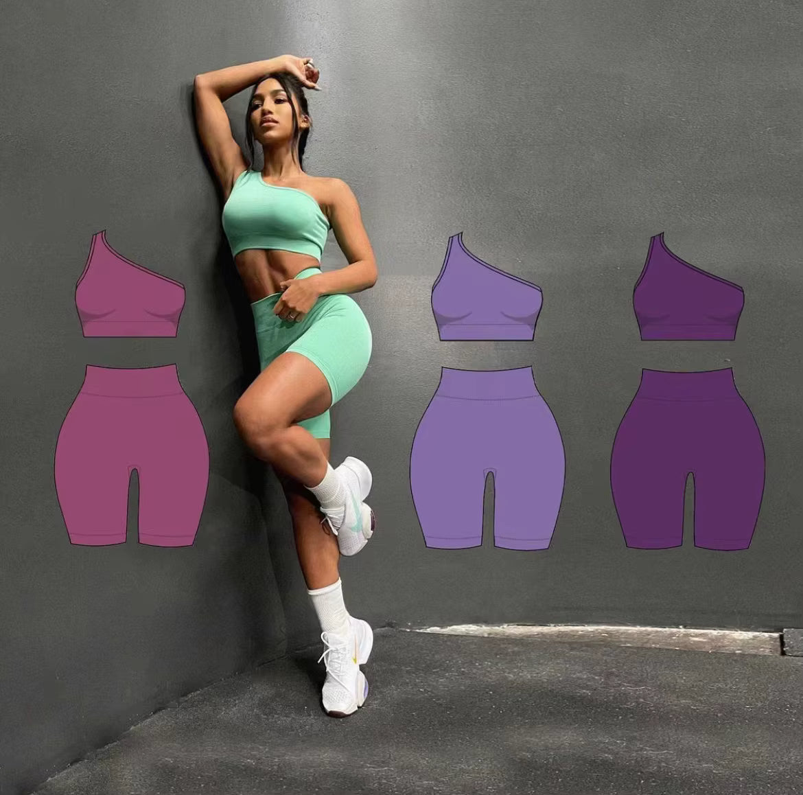 Workout Sets One Shoulder Crop Top Shorts Gym Woman Two Piece